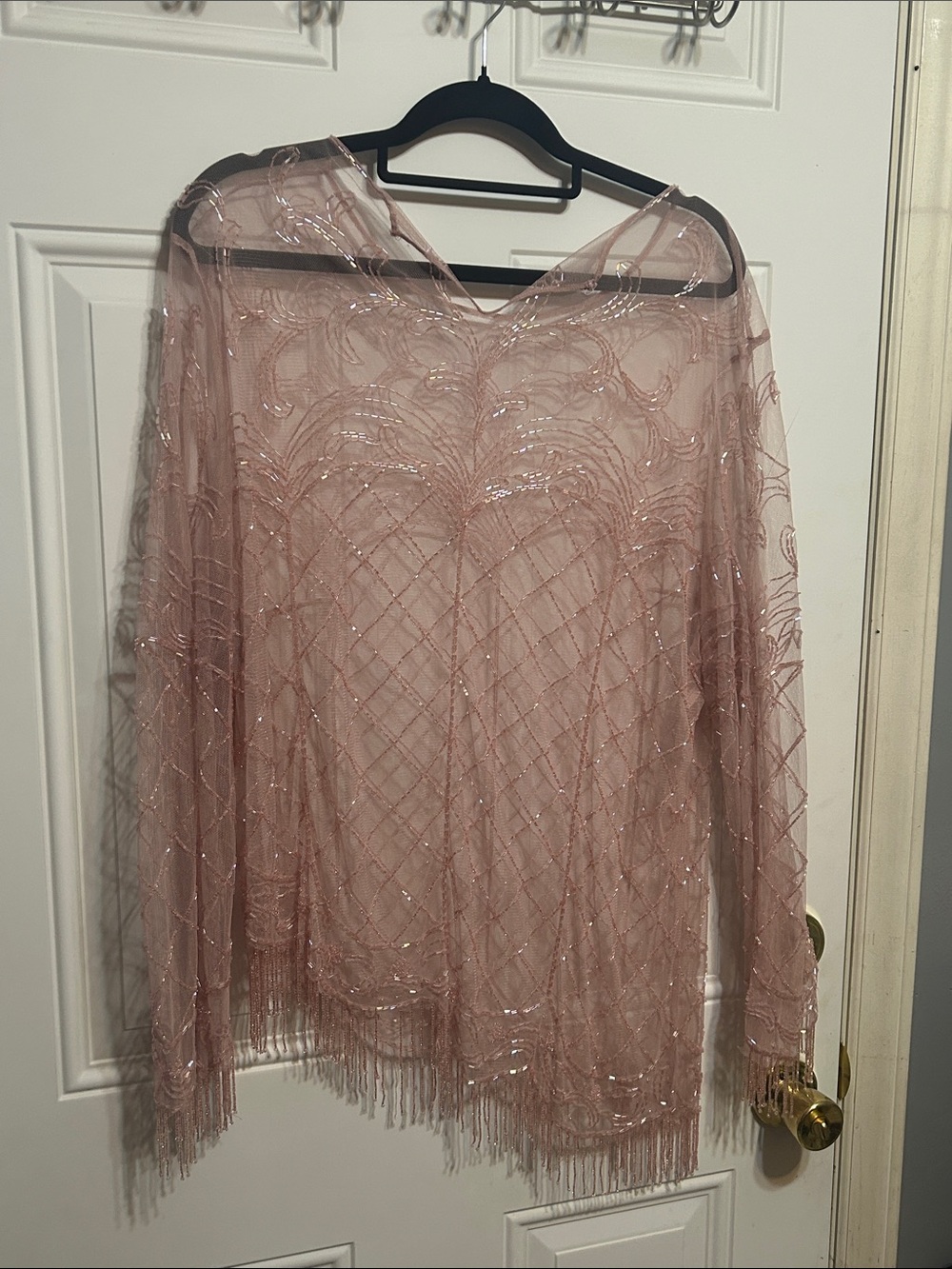 Beaded Sheer Fringe Top - Blush